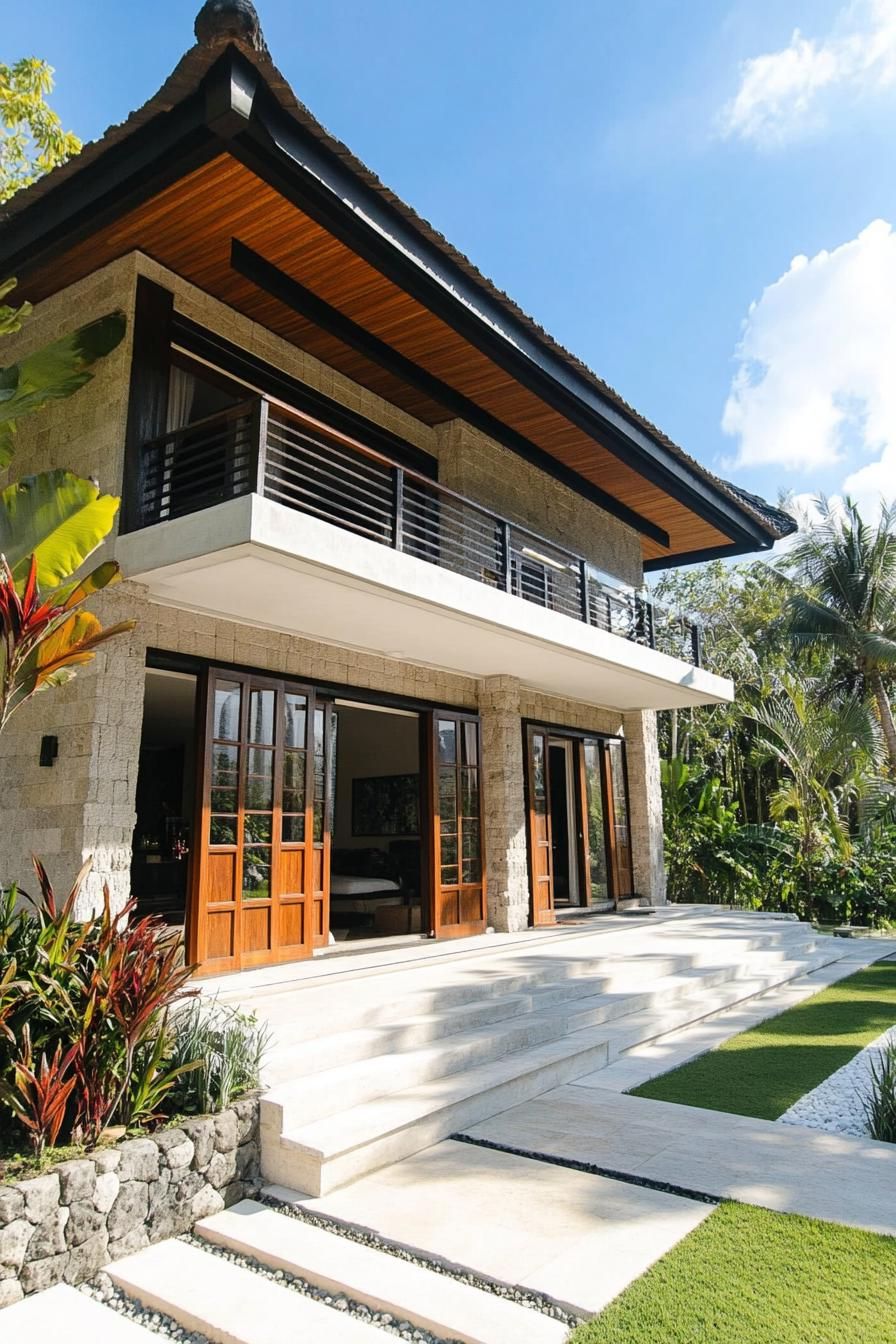 Modern Balinese house with open wooden doors and lush garden