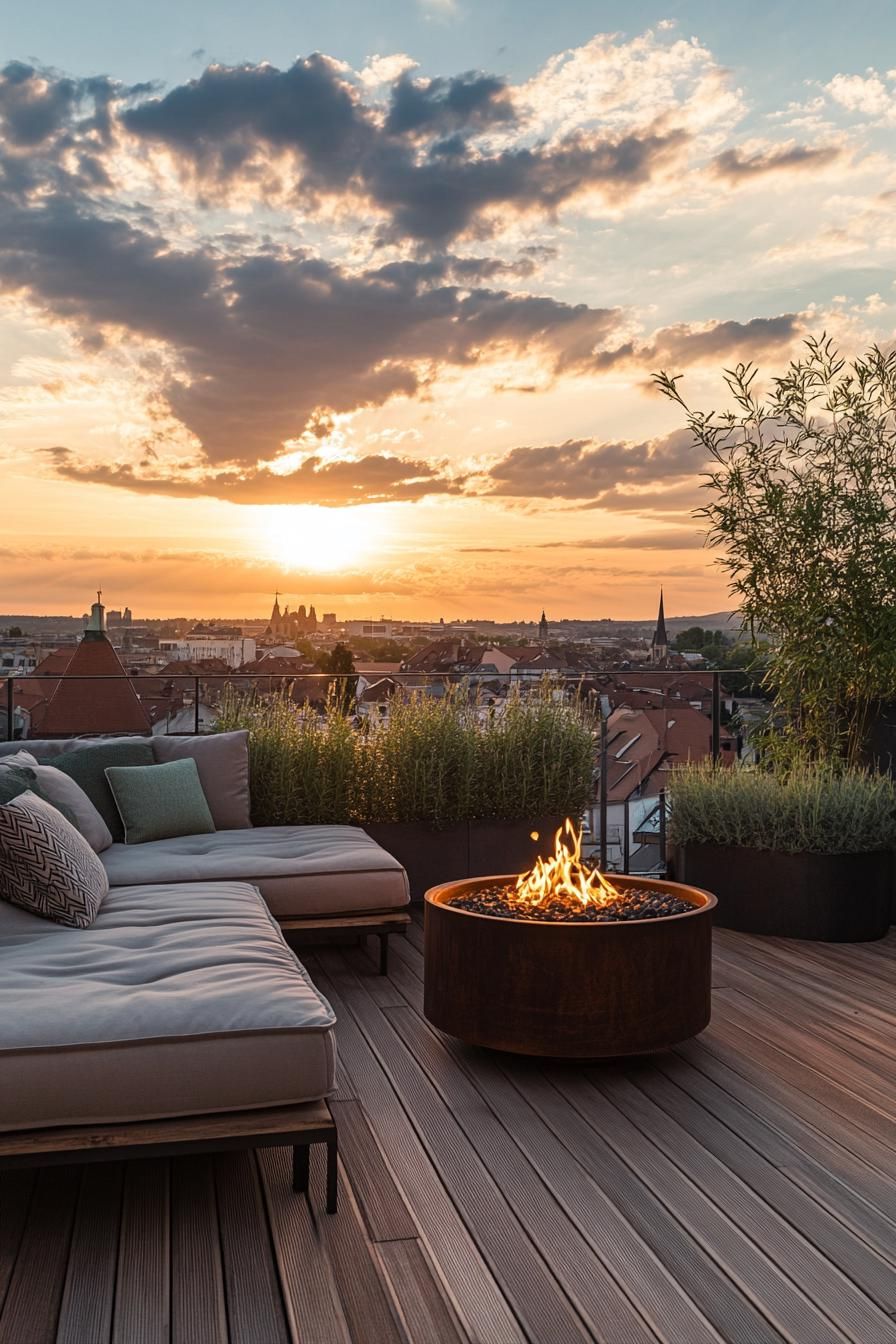 rooftop terrace with wooden deck metal railings modern cushioned furntiure and metal gas firepit some potted plants town view during sunset 1