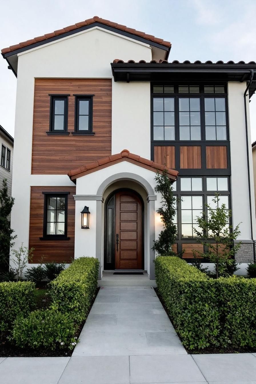 Contemporary house with wooden accents and tiled roof