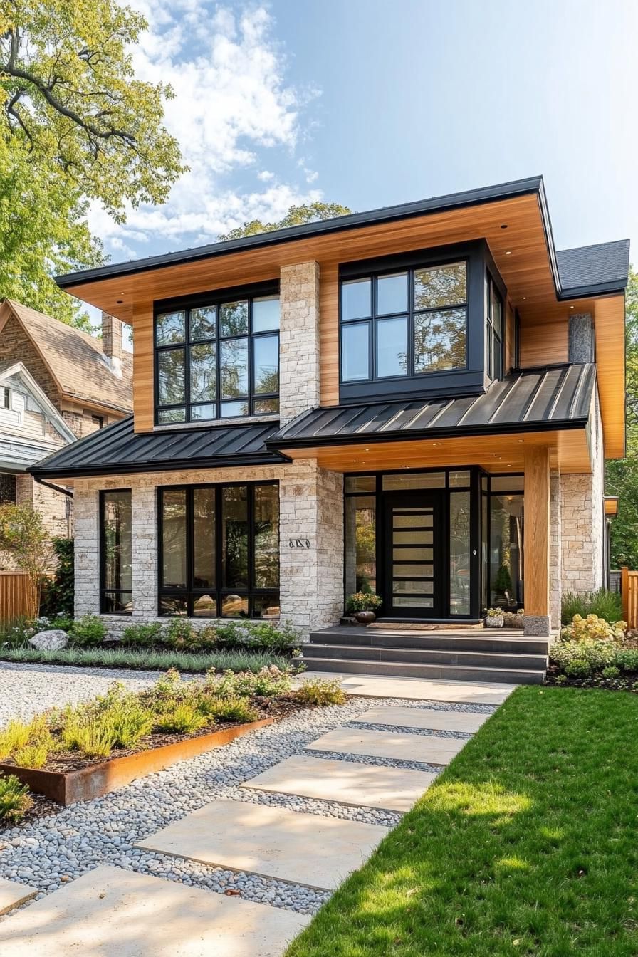 contemporary house exterior with stone mosaic and natural wood siding exposed beams multi pitch roof black metal roof large modern windows front 1