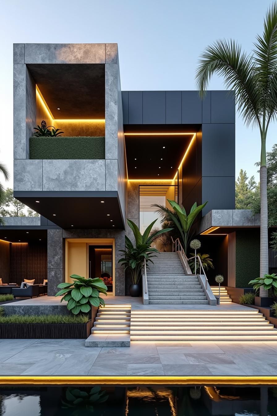 Modern house with lit stairs and lush greenery