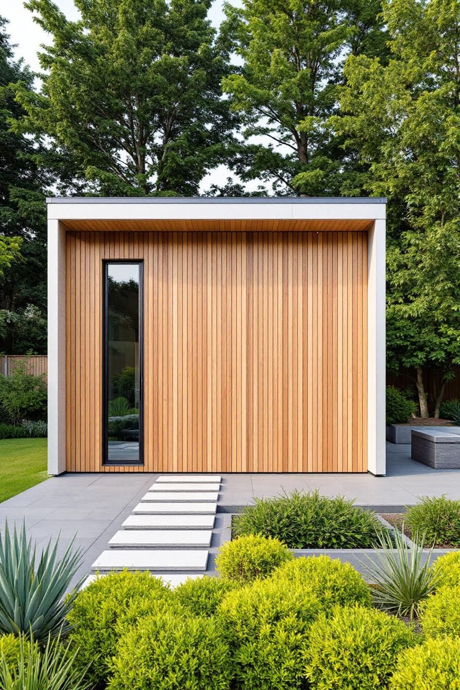 Modern building facade with wood panels and greenery