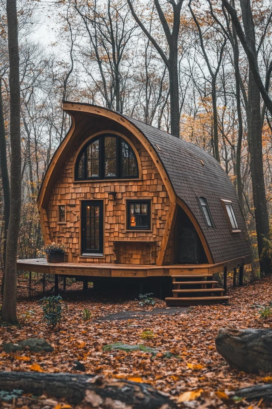 Cozy arched cabin surrounded by autumn leaves