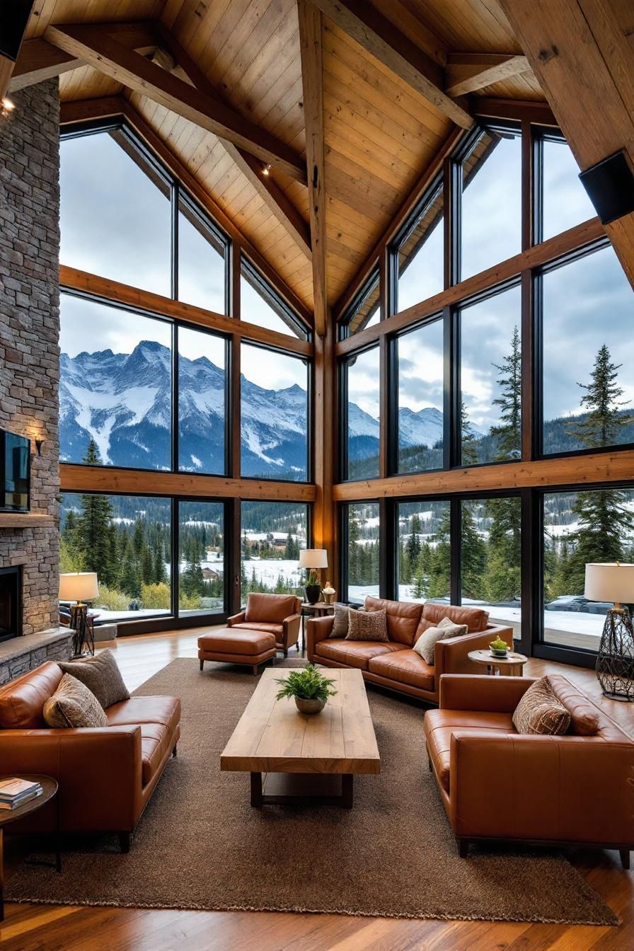 Contemporary cabin with leather seating and panoramic mountain views