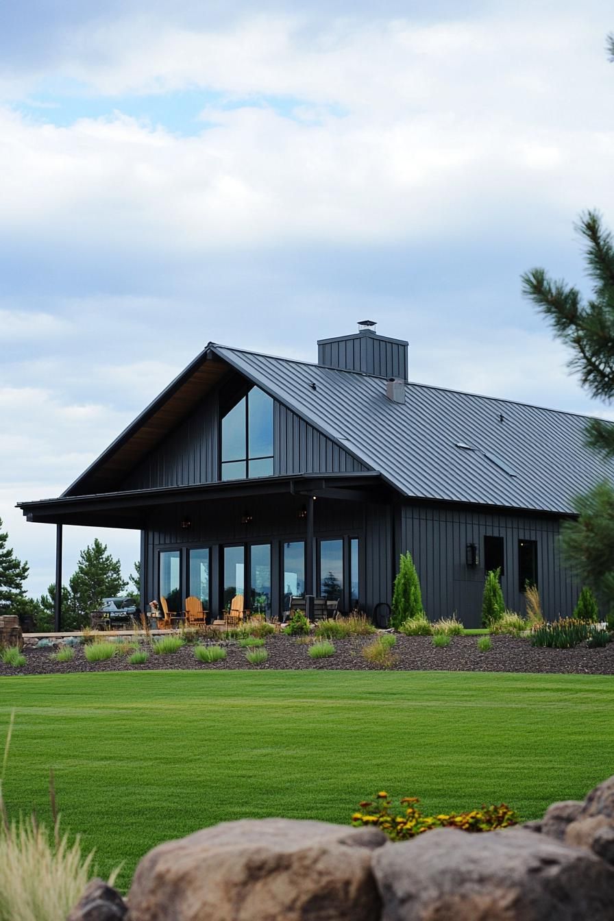 Dark metal house with glass windows and sloping roof