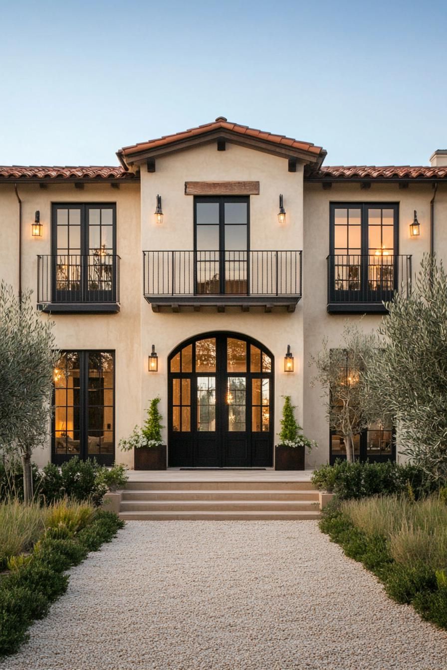 Modern villa with black accents and lush landscaping