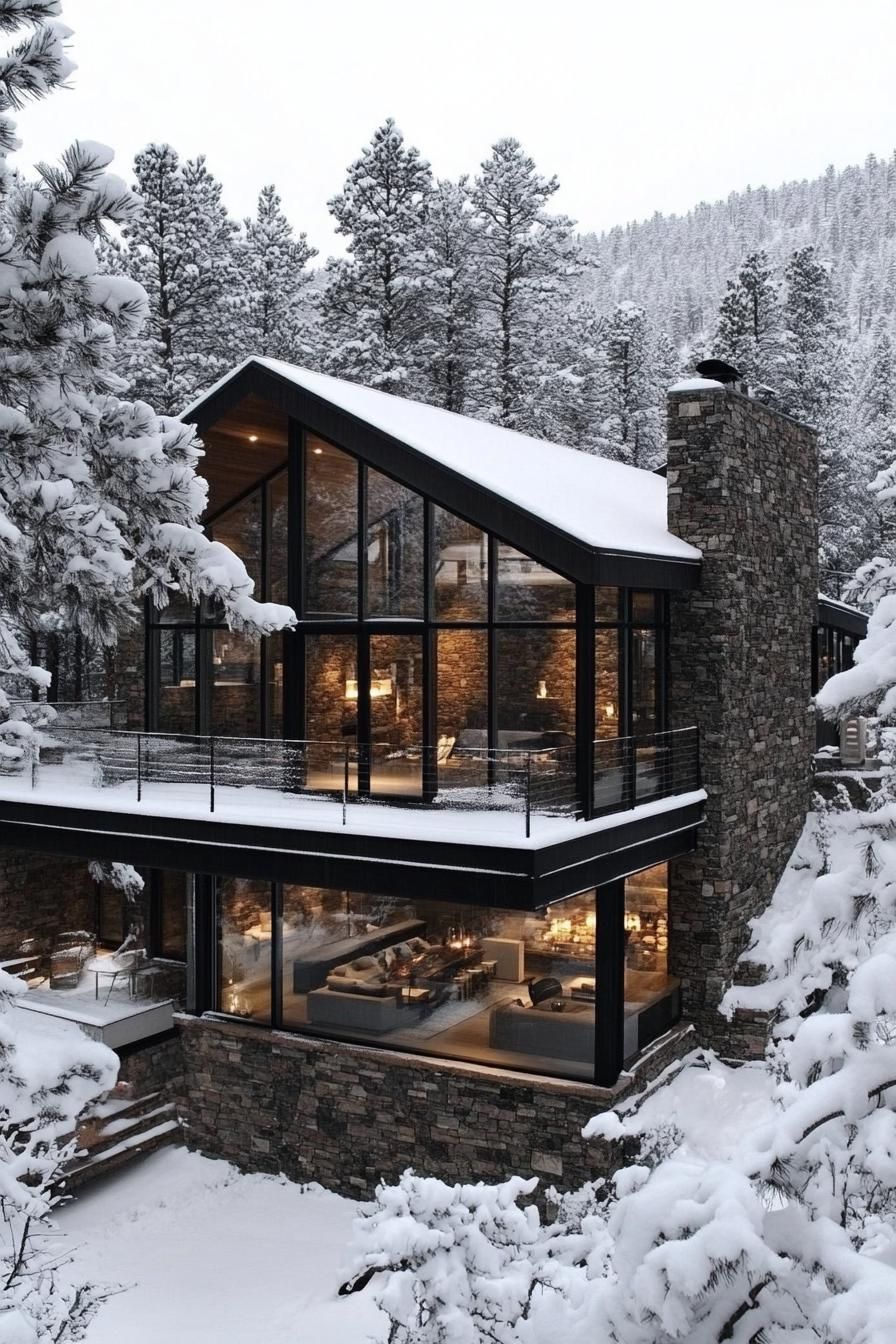 Charming stone and glass house in snowy forest