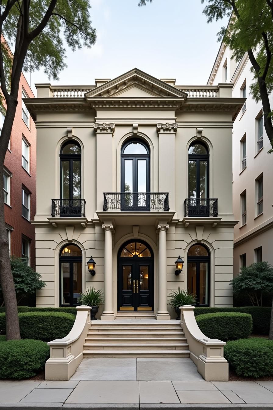 Classic mansion with columns and arched windows