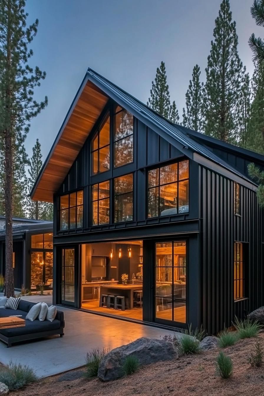 Modern black house with large windows in a forest setting