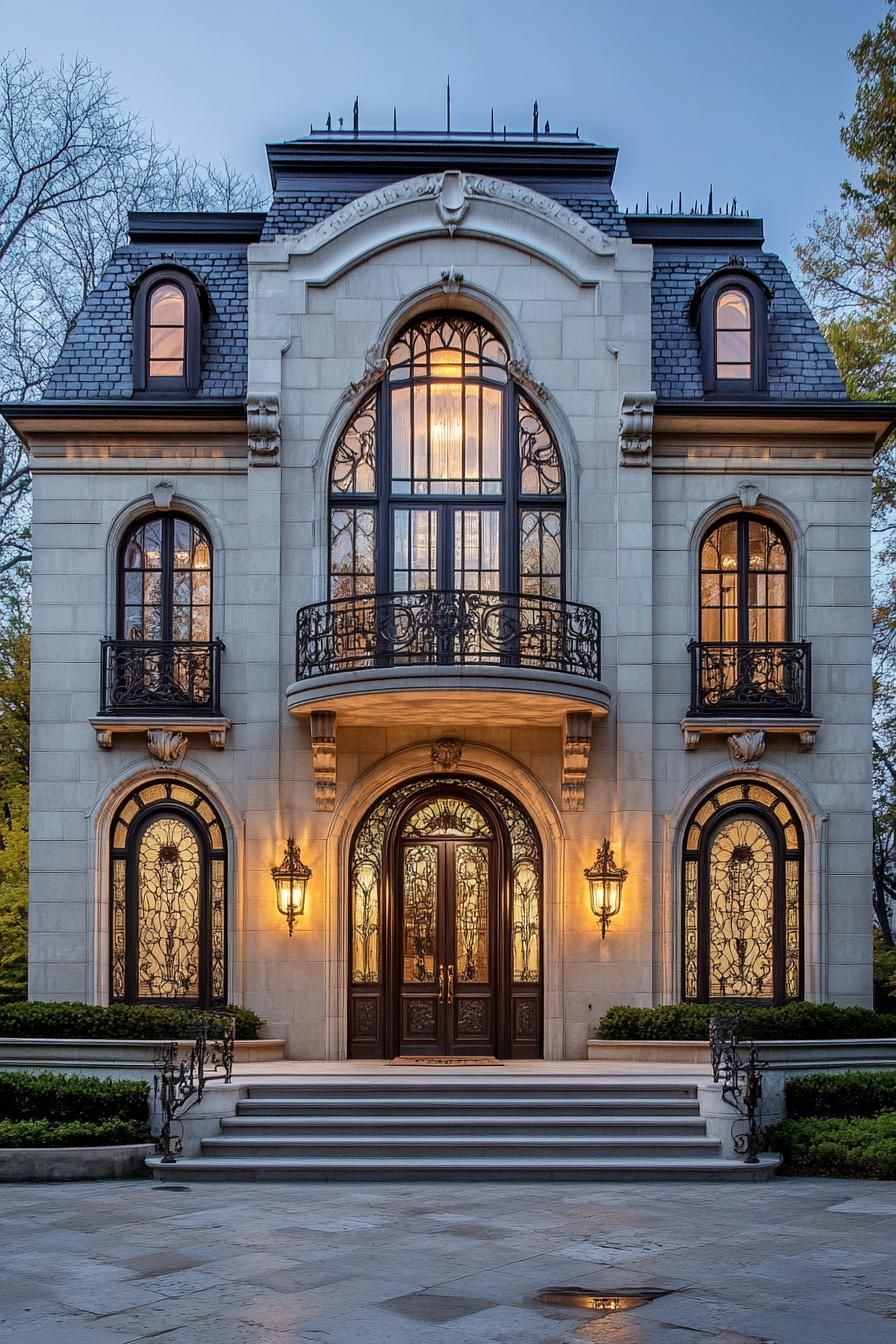 Elegant stone mansion with intricate ironwork