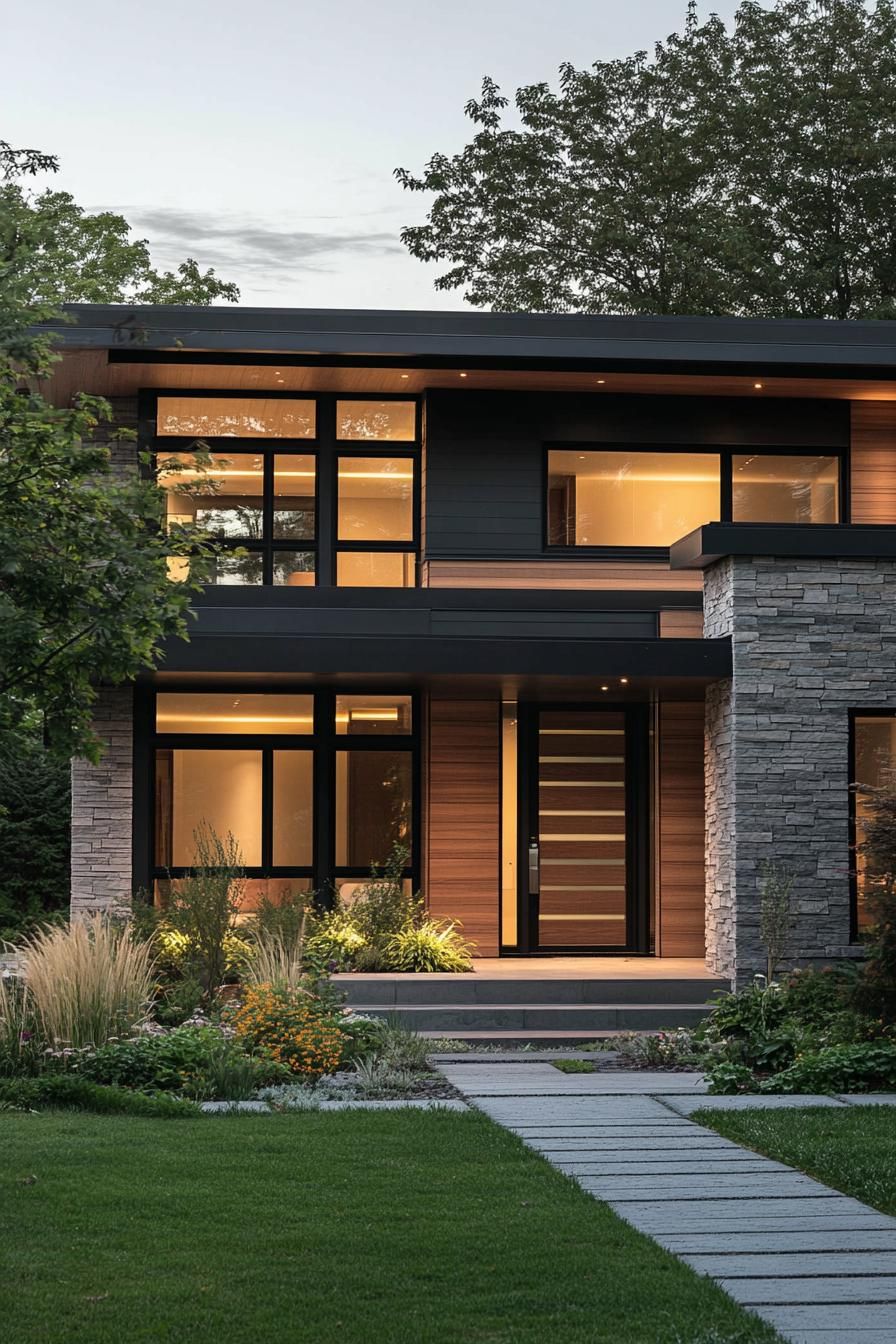 Modern house exterior with large windows and stone accents