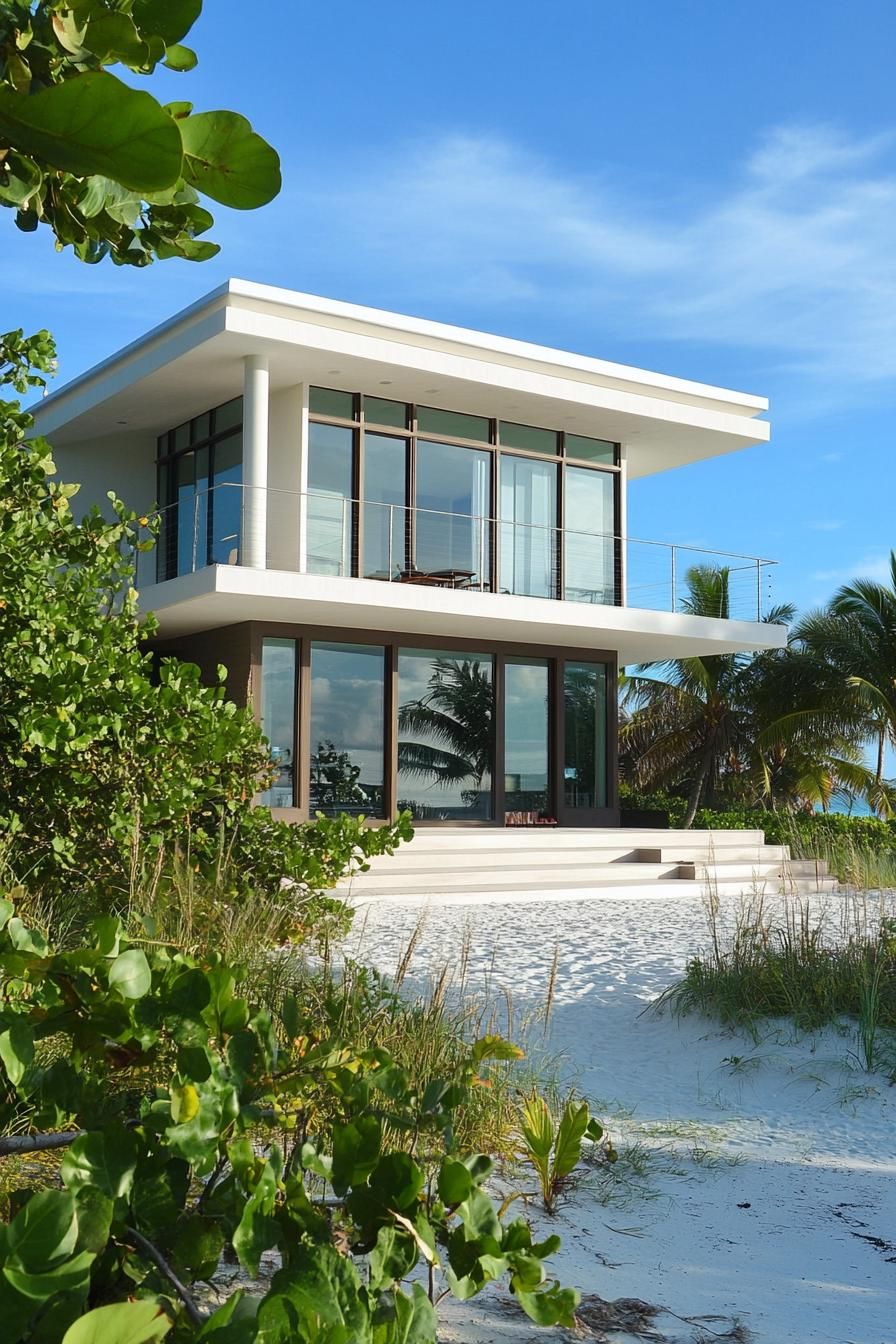 Modern beach house with large glass windows and lush surroundings