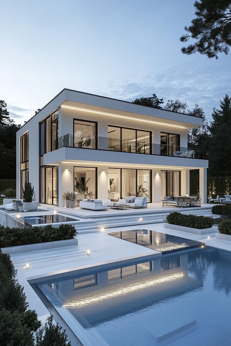 frontal view of a modern white villa house with large second floor terraces and glass railings large black trim windows large eaves with LED lights