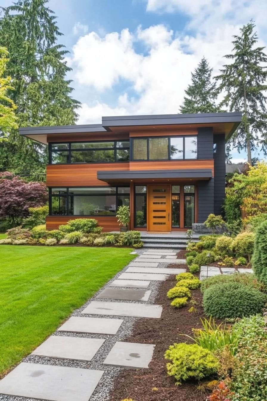 Modern house with wood accents and large windows surrounded by lush greenery