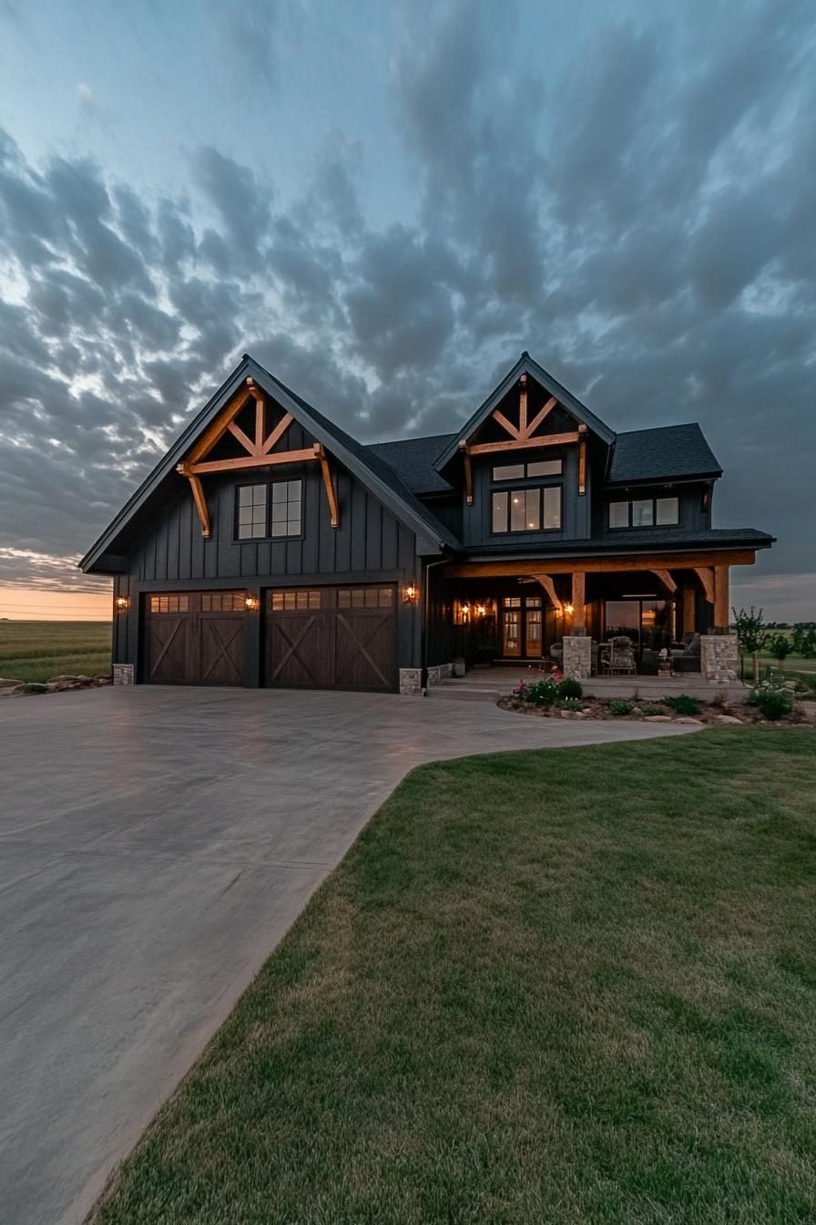 large dark grey shouse barndominium large porch with natural wood beams garage doors in natural cedar modern windows wide driveway landscape with 2