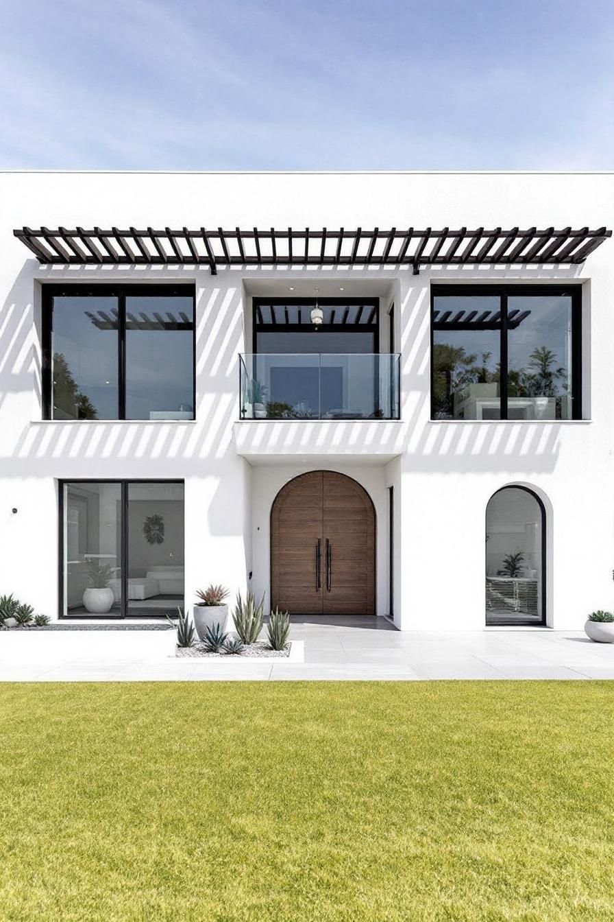 Bright Mediterranean-style house with large windows and a wooden front door