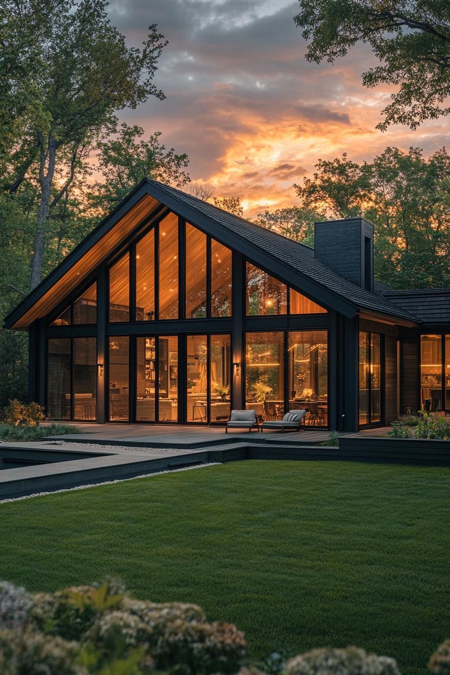 Modern barn house with large glass windows at sunset