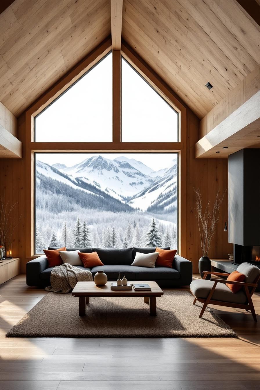 Spacious modern cabin interior with large window and mountain view