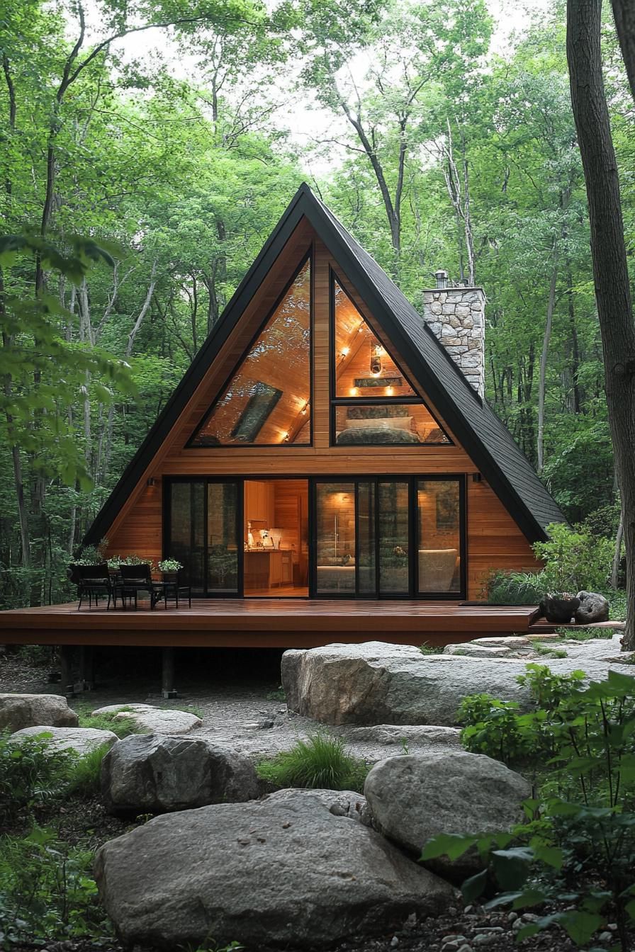 A-Frame cabin nestled in the forest, featuring glass and wood elements