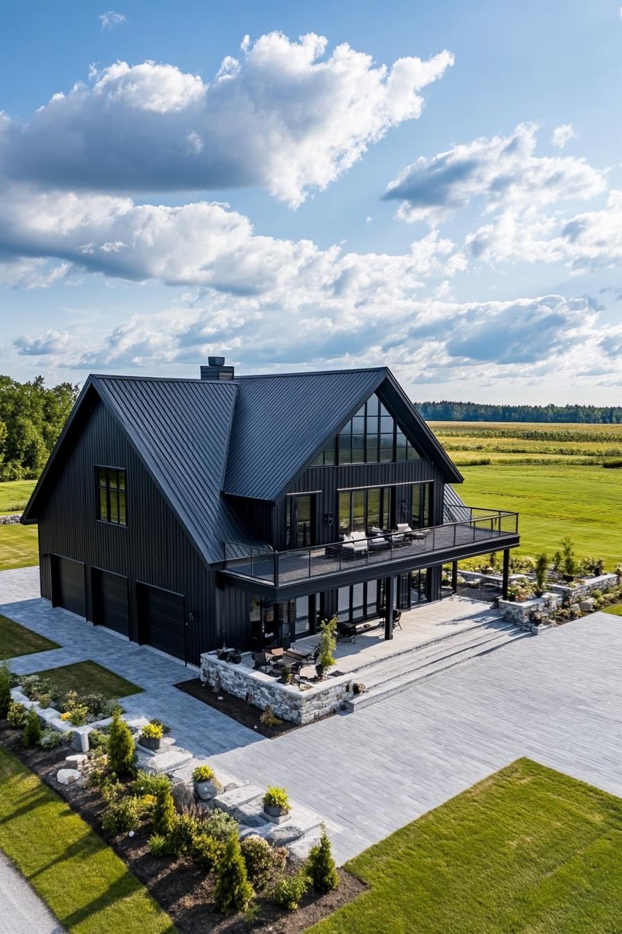 high angle view of a large black shouse barndominium with large side porch large patio and yard stone patio fence large garage doors wide 2