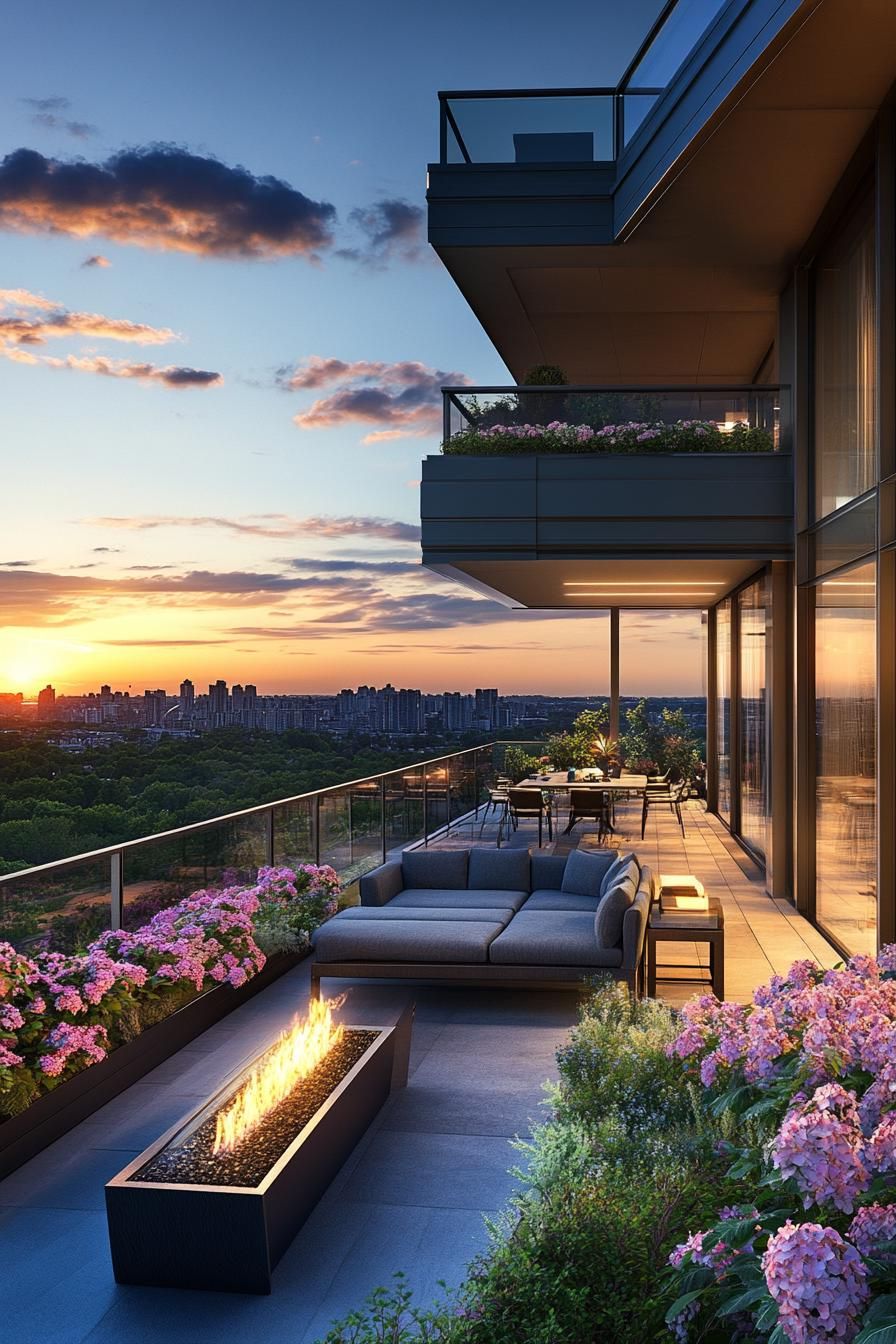 modern rooftop terrace with glass railings modern cushioned furniture LED lighting gas firepit blossoming flower beds sunset view of a city with 1