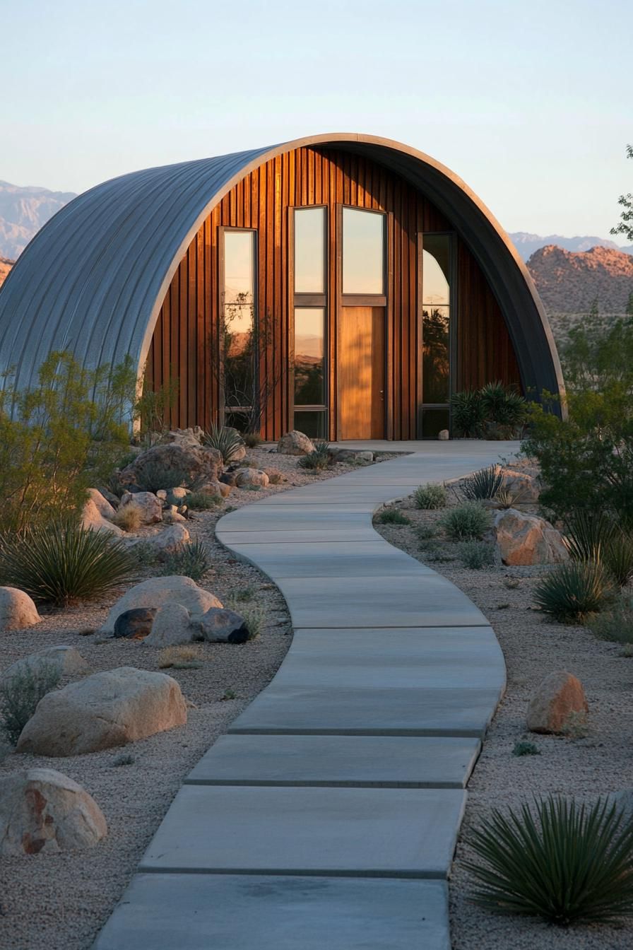 Quonset hut with a curved roof in a desert setting