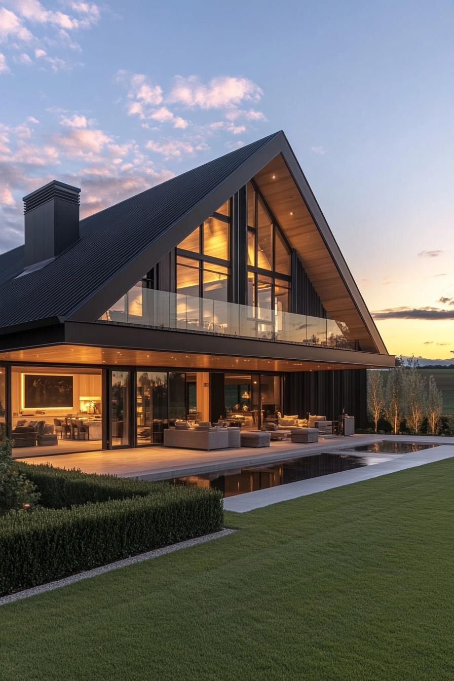 Modern house with A-frame roof and glass facade at sunset