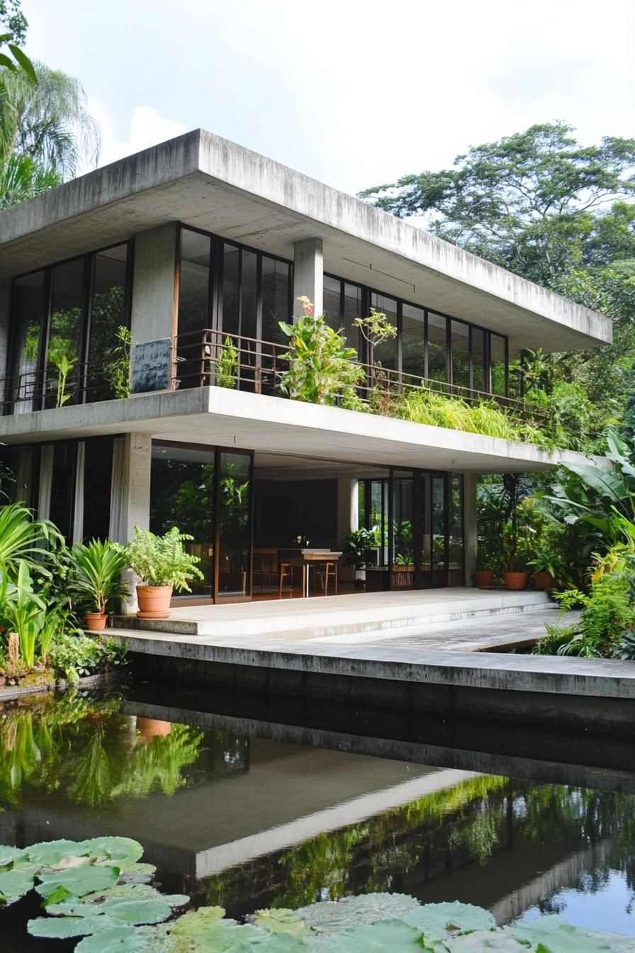 Modern house with lush greenery and water feature