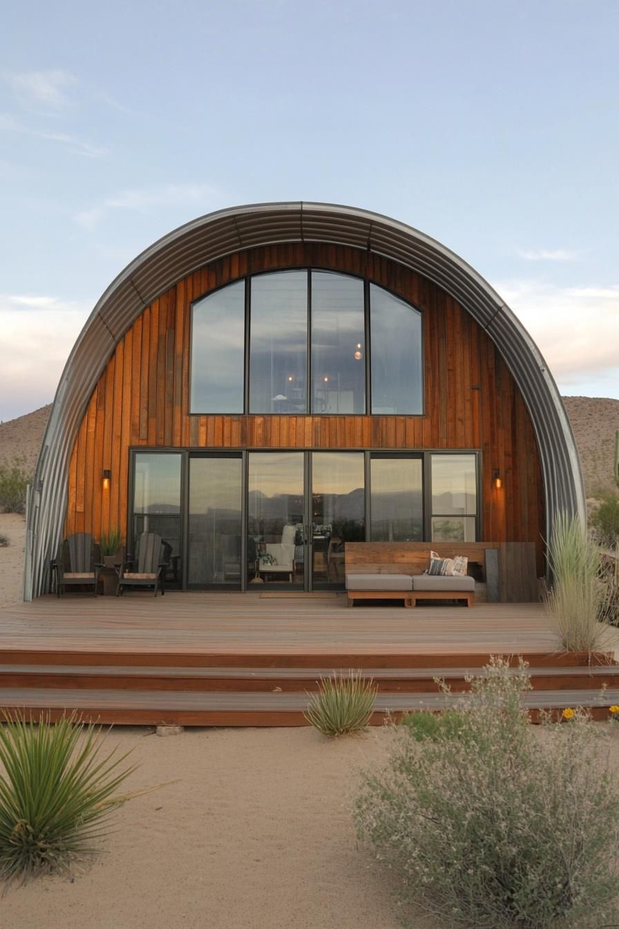 Quonset hut home with a wooden deck nestled in the desert