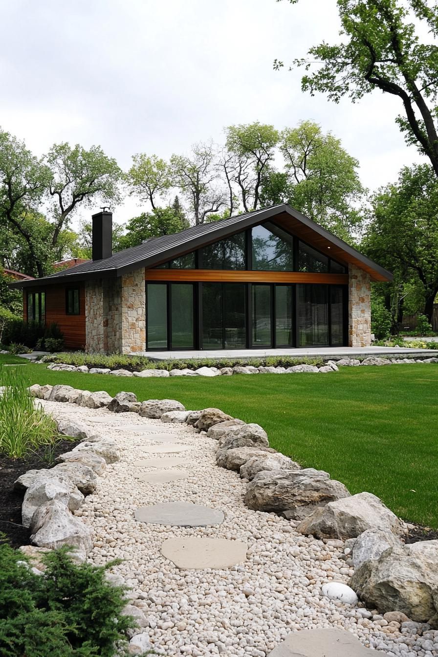 Modern ranch house with large glass windows surrounded by lush trees