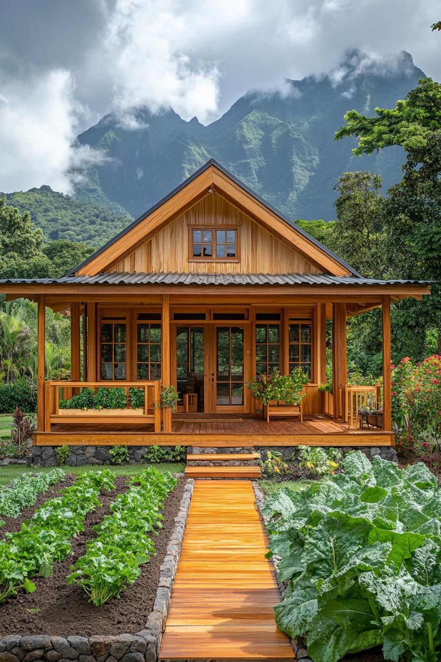 Wooden cabin surrounded by lush greenery and a mountain view