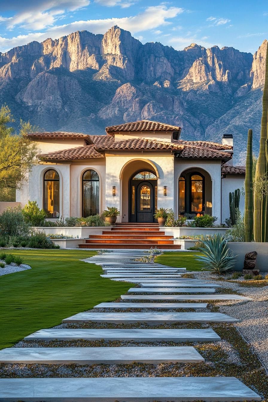 mediterranean village house with stucco siding large porch with round columns terracotta shingle roof