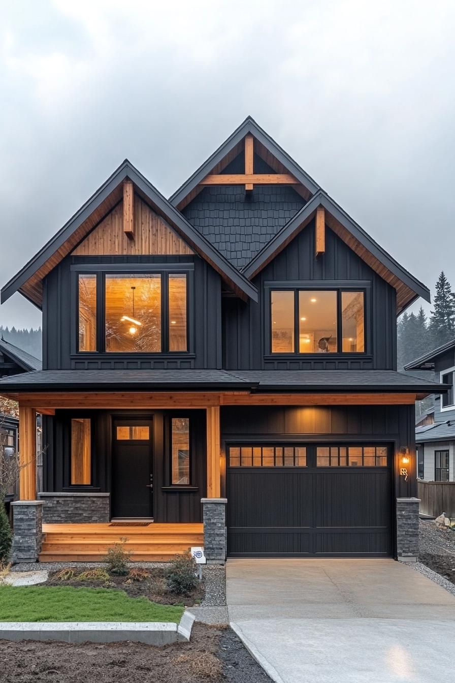 Modern house with black wood facade and warm interior lighting