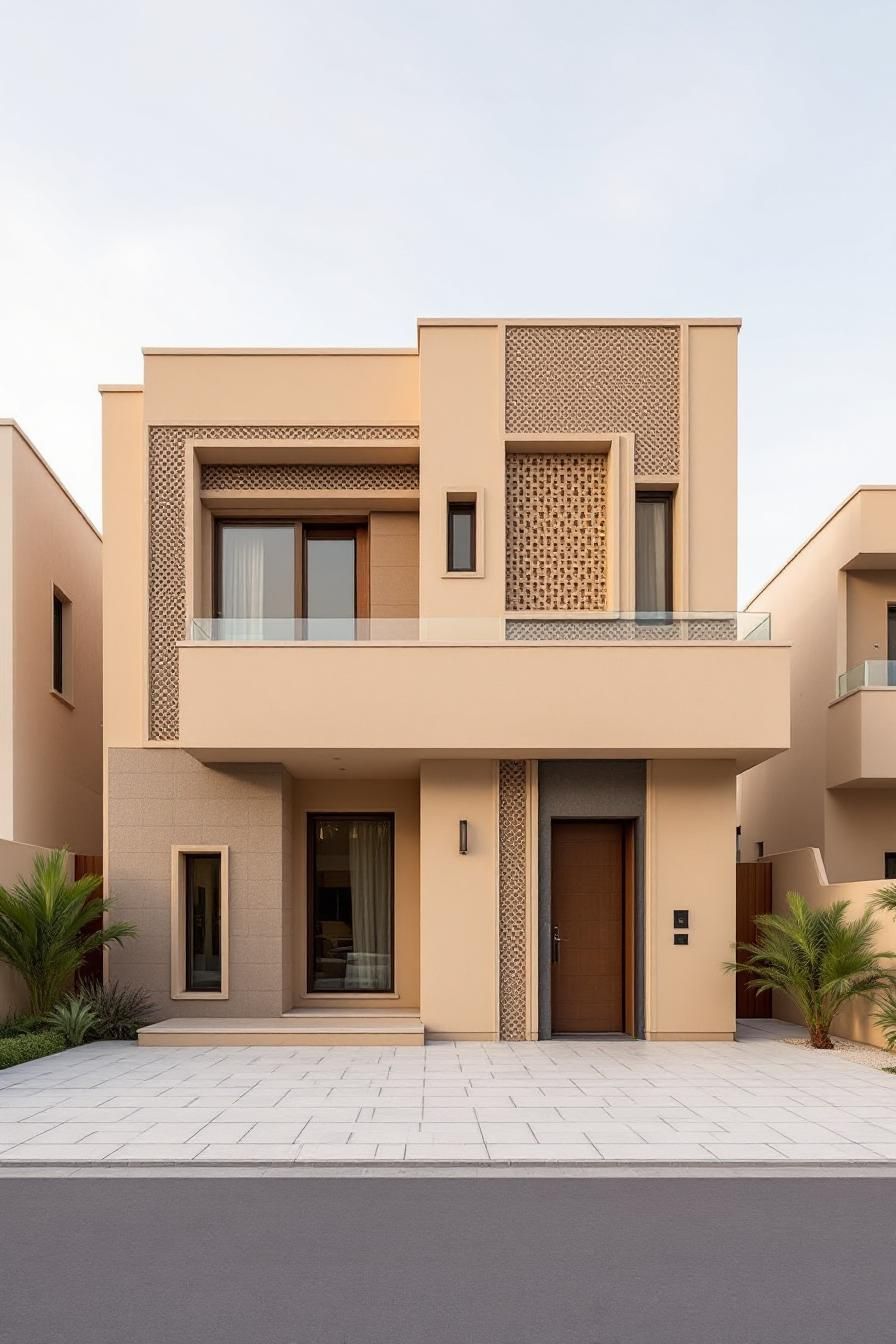 Modern house with geometric patterns and palm trees