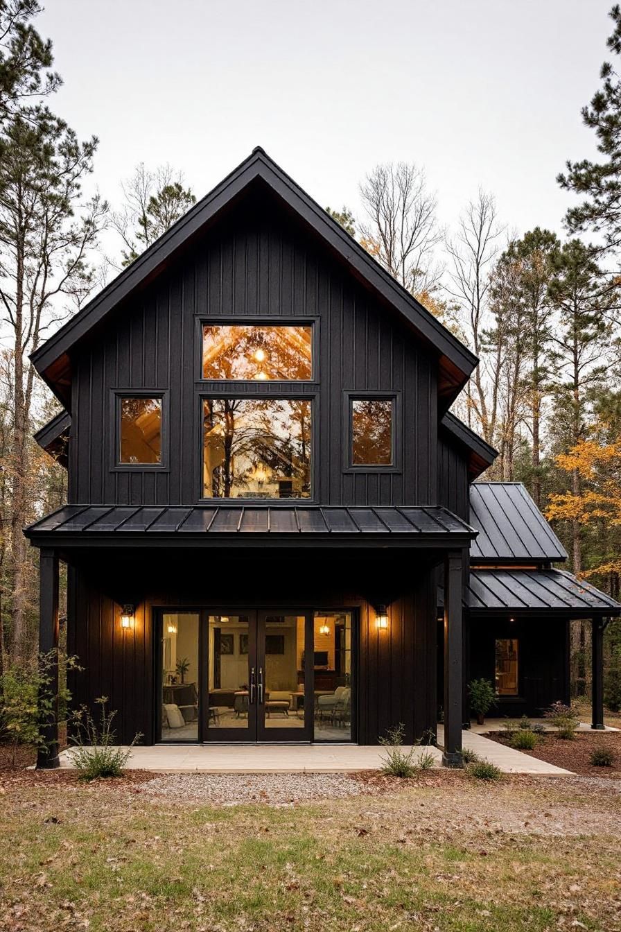 Modern black barn house nestled in a forest