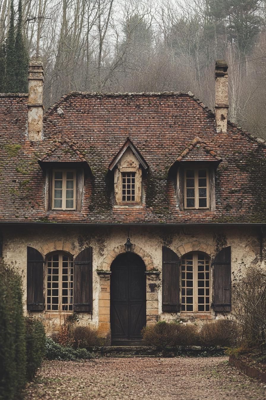 Rustic stone cottage with mossy roof and wooden shutters