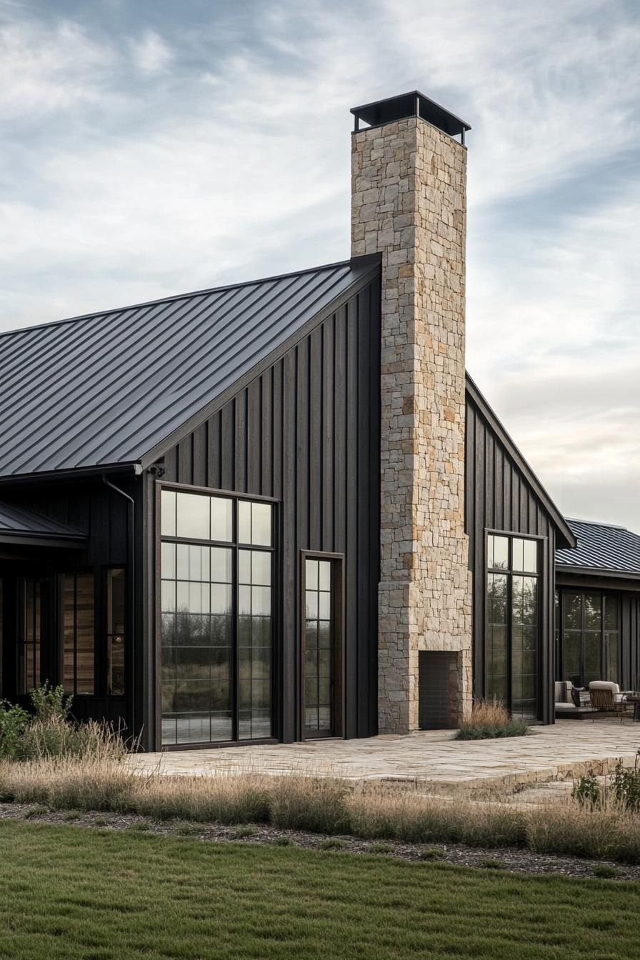 Modern barndominium with stone chimney and metal roof