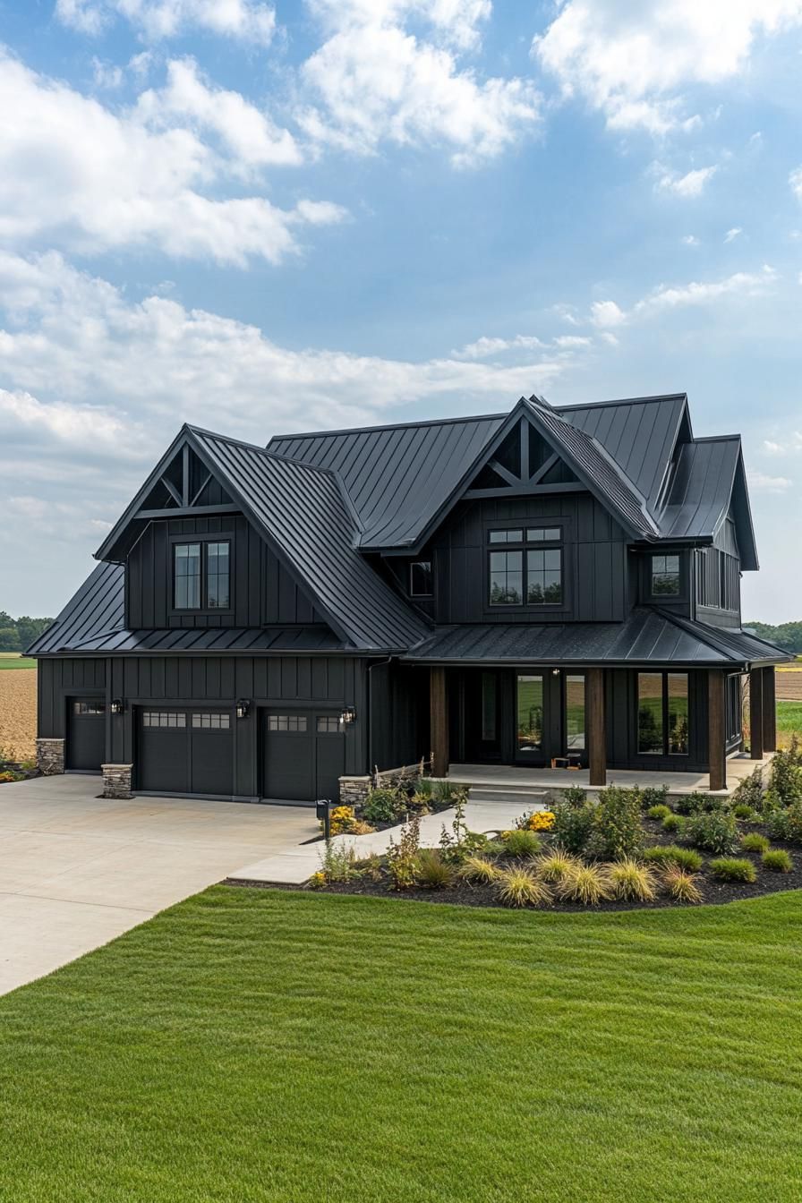 large modern farmhouse with black siding multi pitched black roof modern windows with black trim garage doors front porch with black beam posts