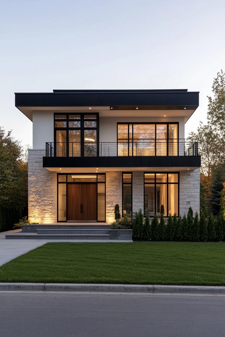 Modern house with large windows and warm lighting