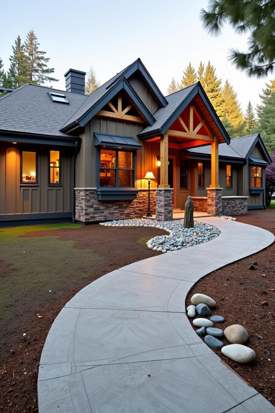 Cozy ranch house with a gabled roof and a winding path