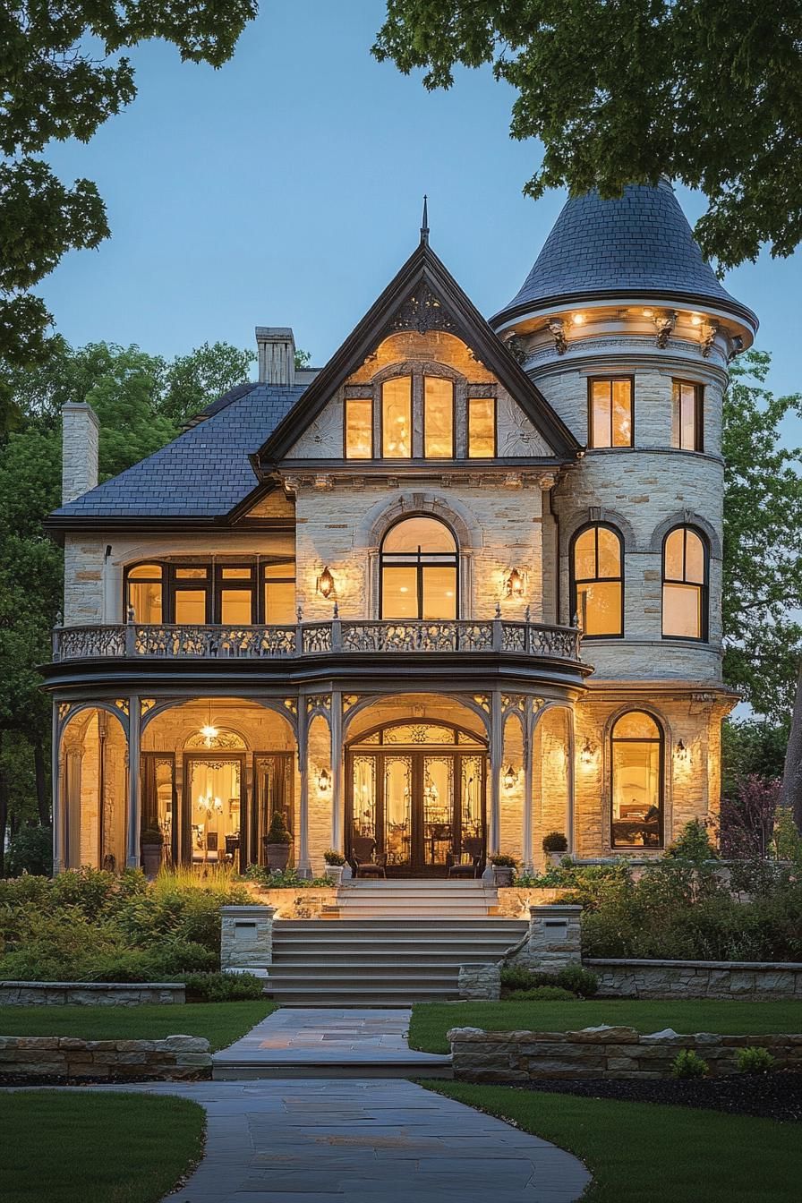 Victorian mansion with a tall turret arched windows facade with ornate detailing LED lighting dusk scene