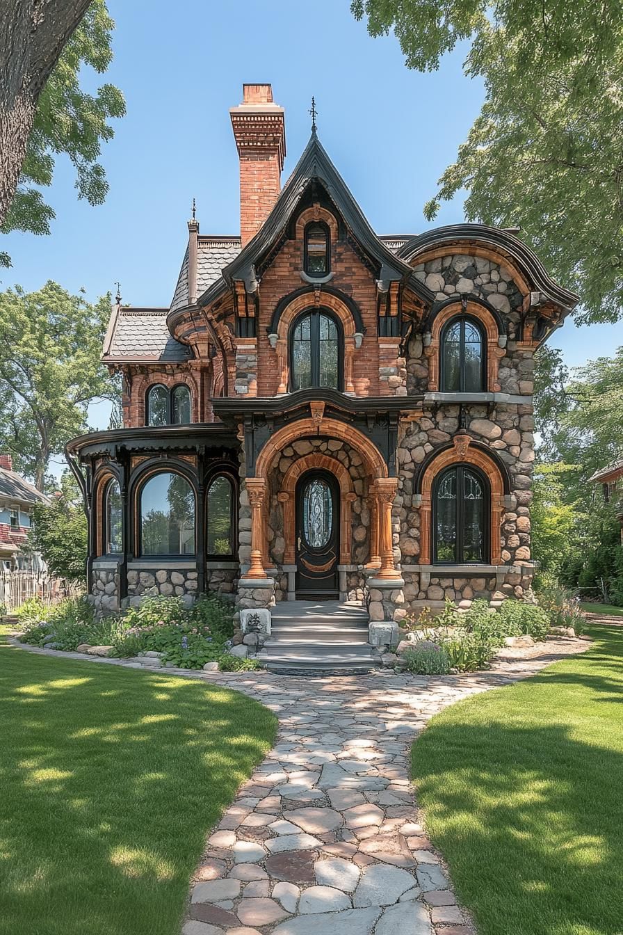 Quaint stone house with arched windows and whimsical roofline