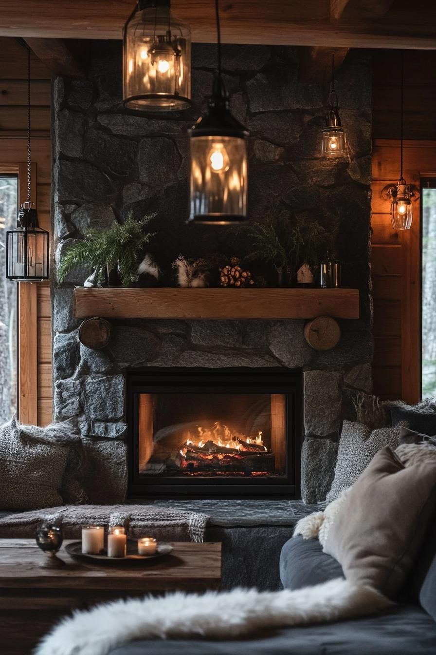 Stone fireplace with glowing candles and lush ferns