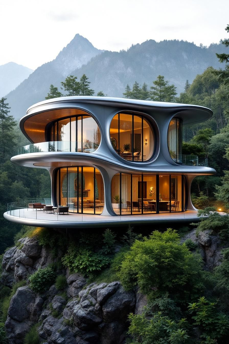 Futuristic house nestled on a rocky cliff