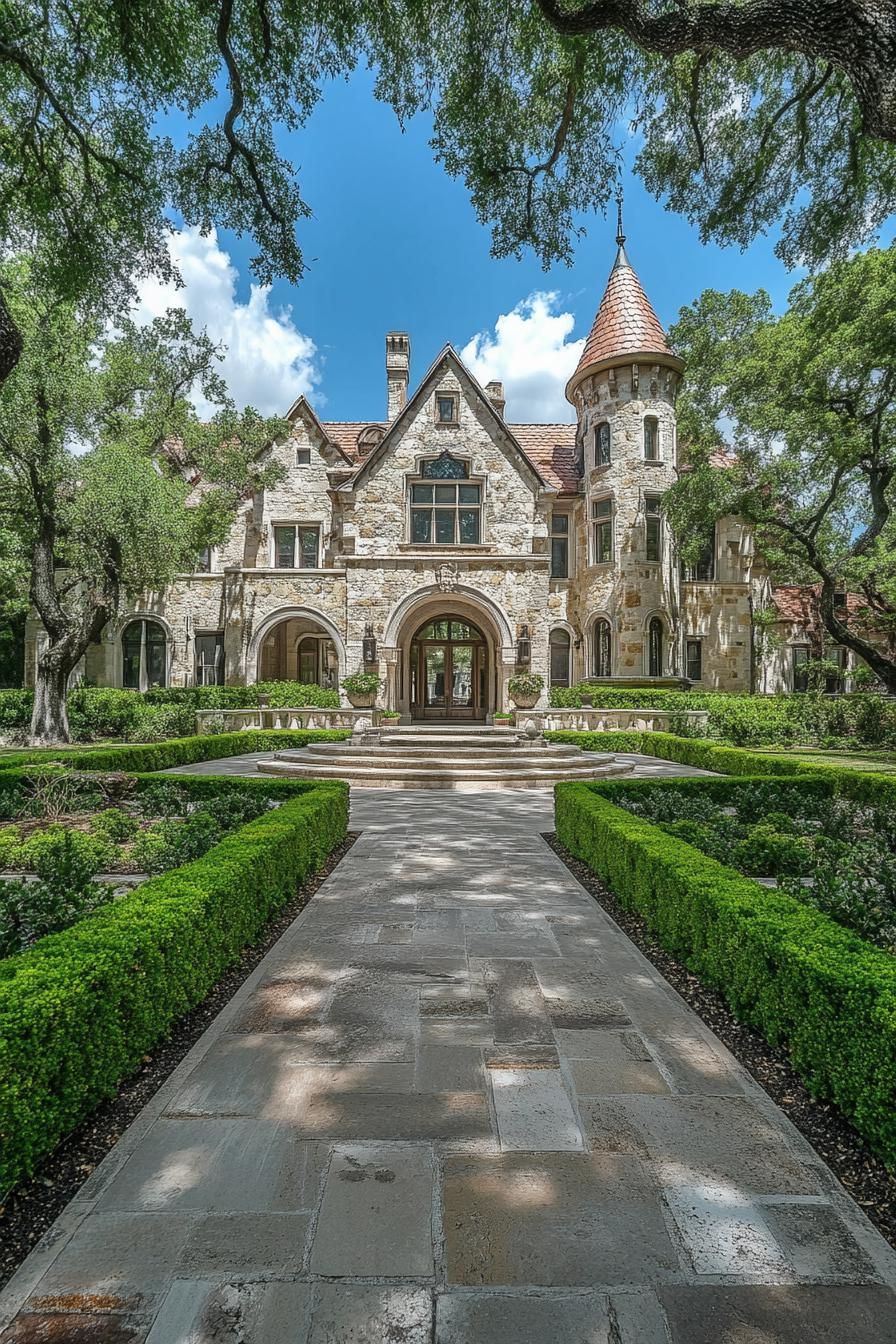 Stone mansion with turret and manicured gardens