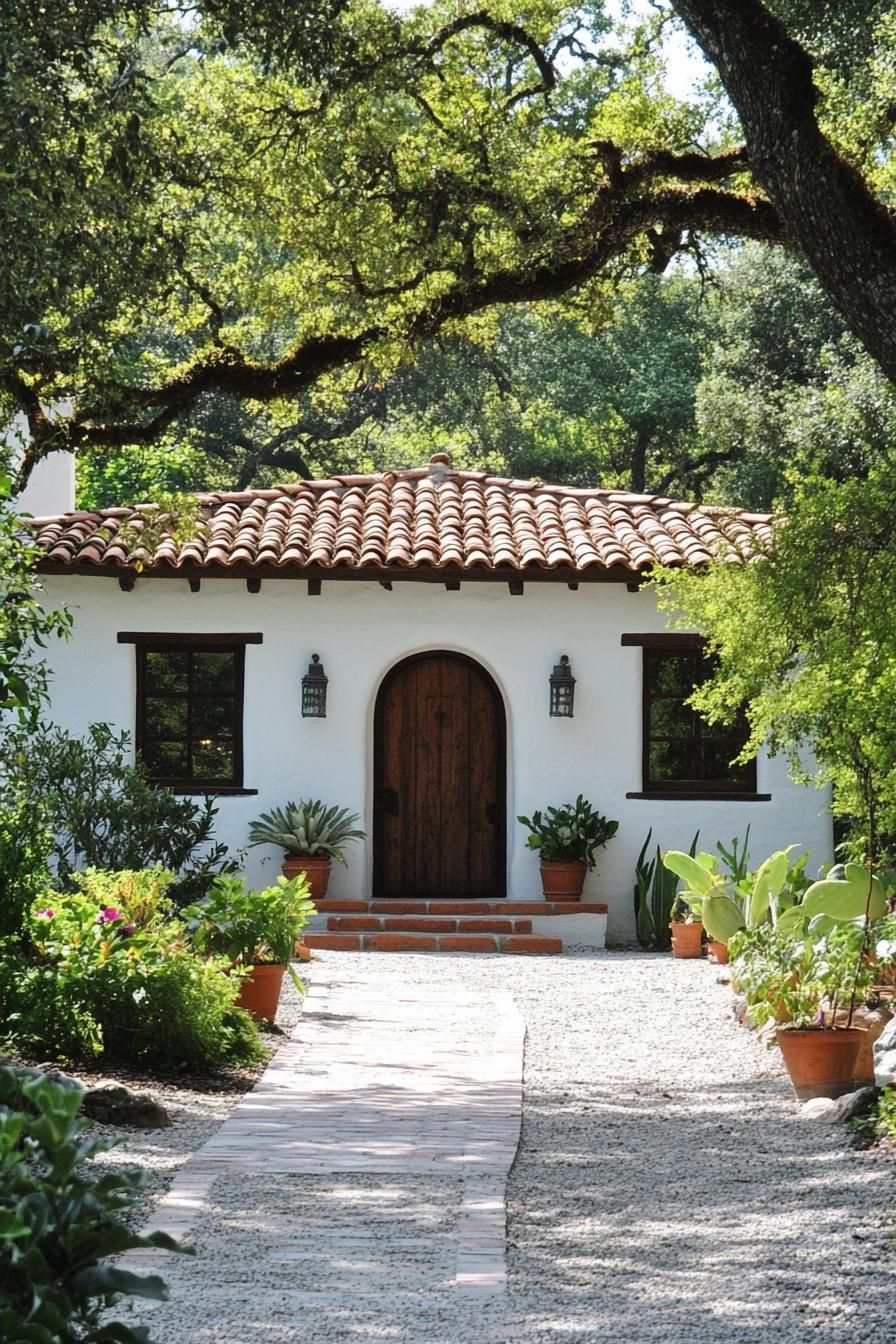 Quaint Spanish bungalow with terracotta roof nestled in lush greenery