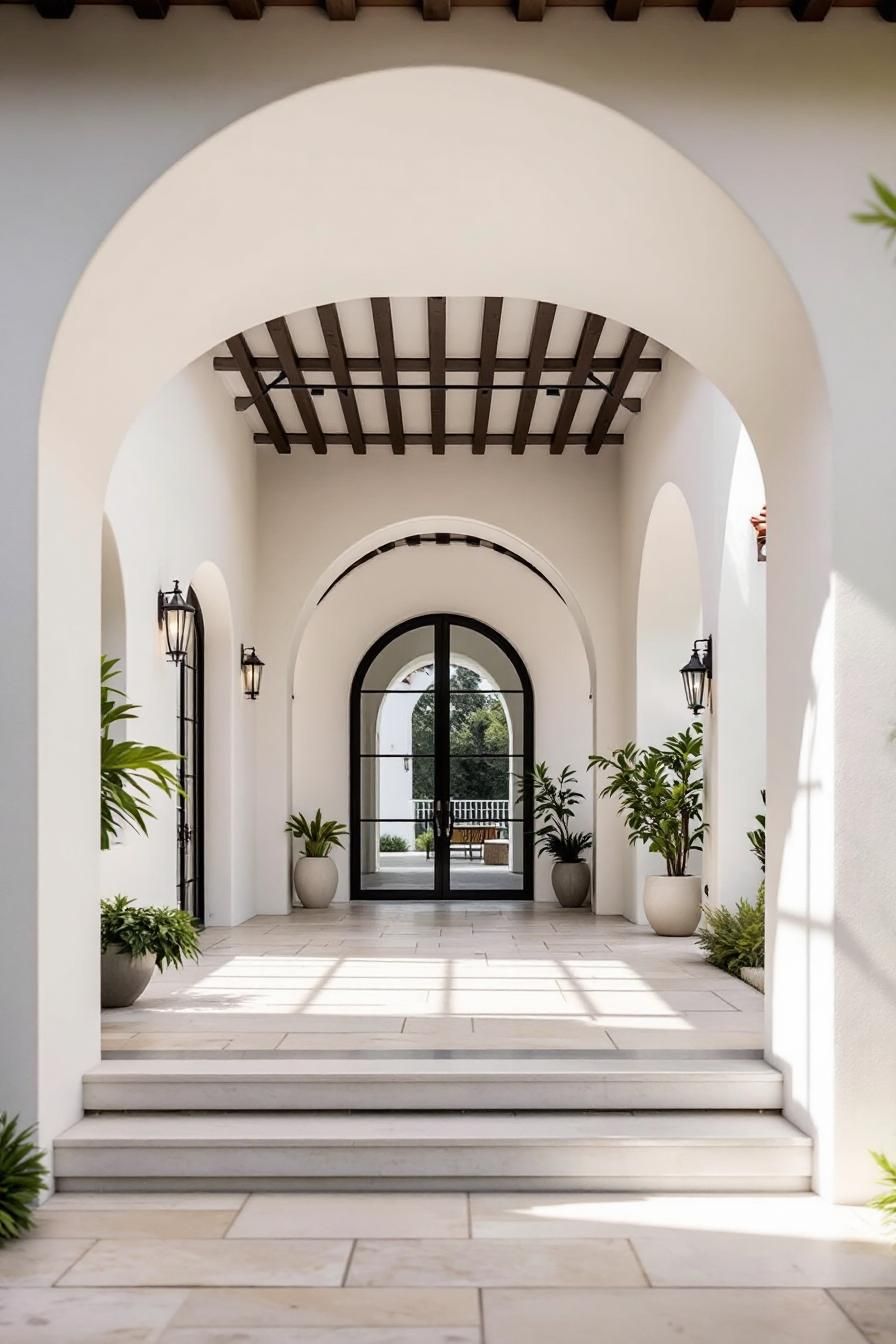 Grand archway entrance with potted plants