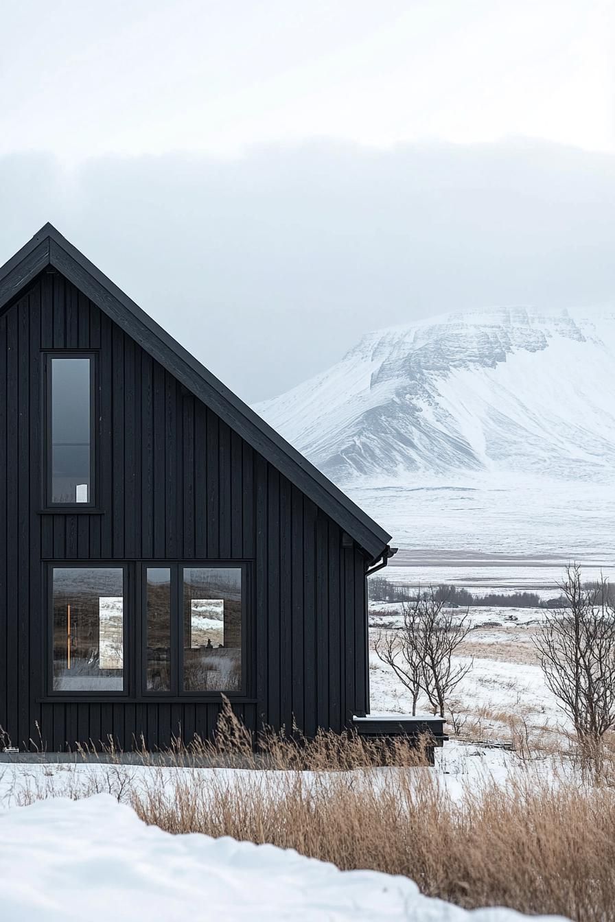 Black barn house with mountain backdrop