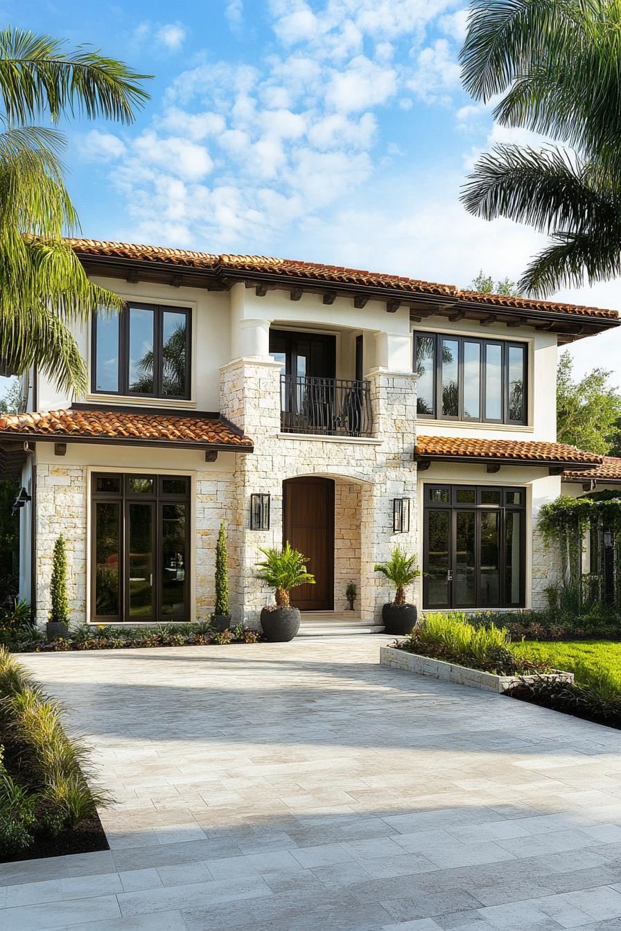 Stone facade of a Mediterranean style house with palm trees