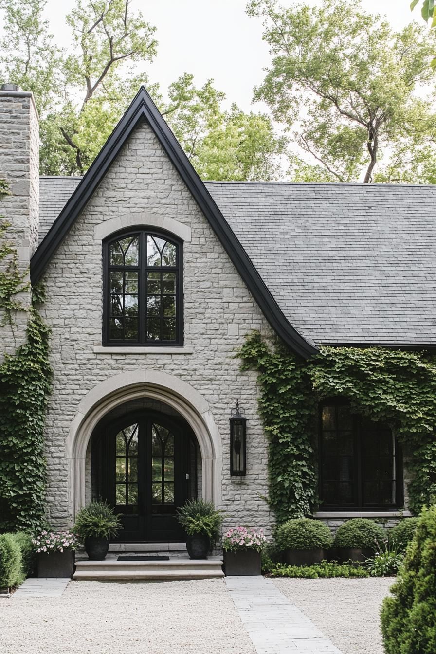 modern cottage with stone brick siding stone grey roof windows with black trim arched entry door wall overgrown with vines paved yard with 2